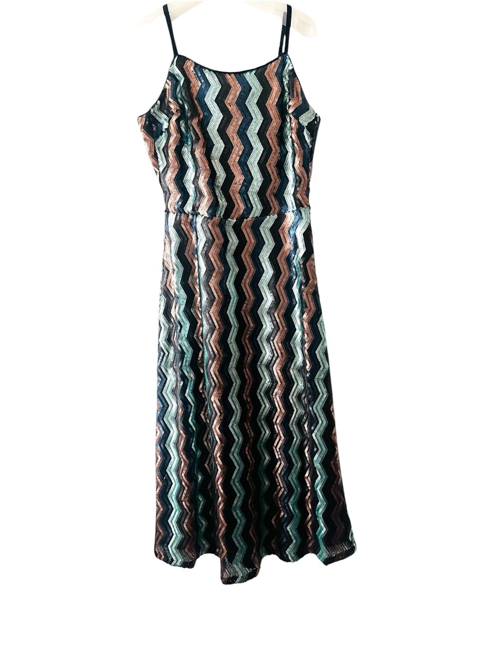 Walter Baker Zigzag Sequin Midi Slip Dress in Teal, Copper & Black